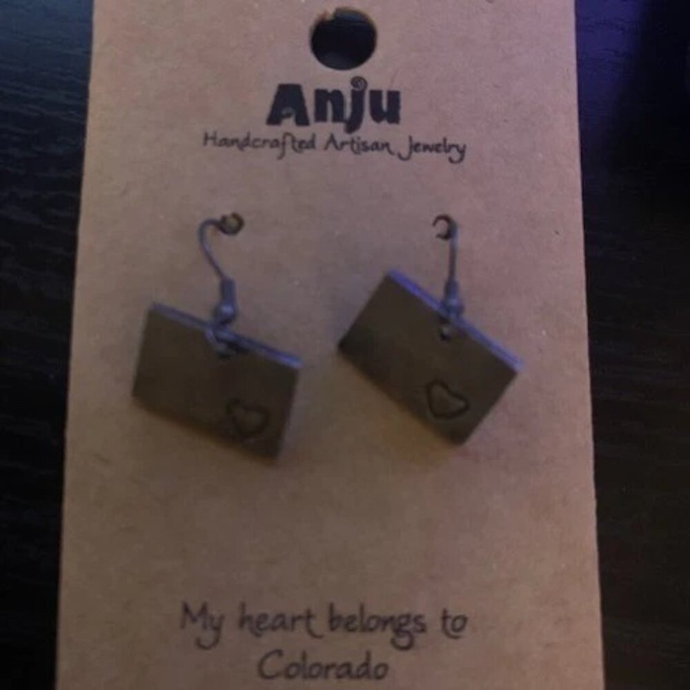 ANJU Colorado state earrings with rustic finish in pewter. ~0.5″ x 0.5″ - Picture 2 of 2